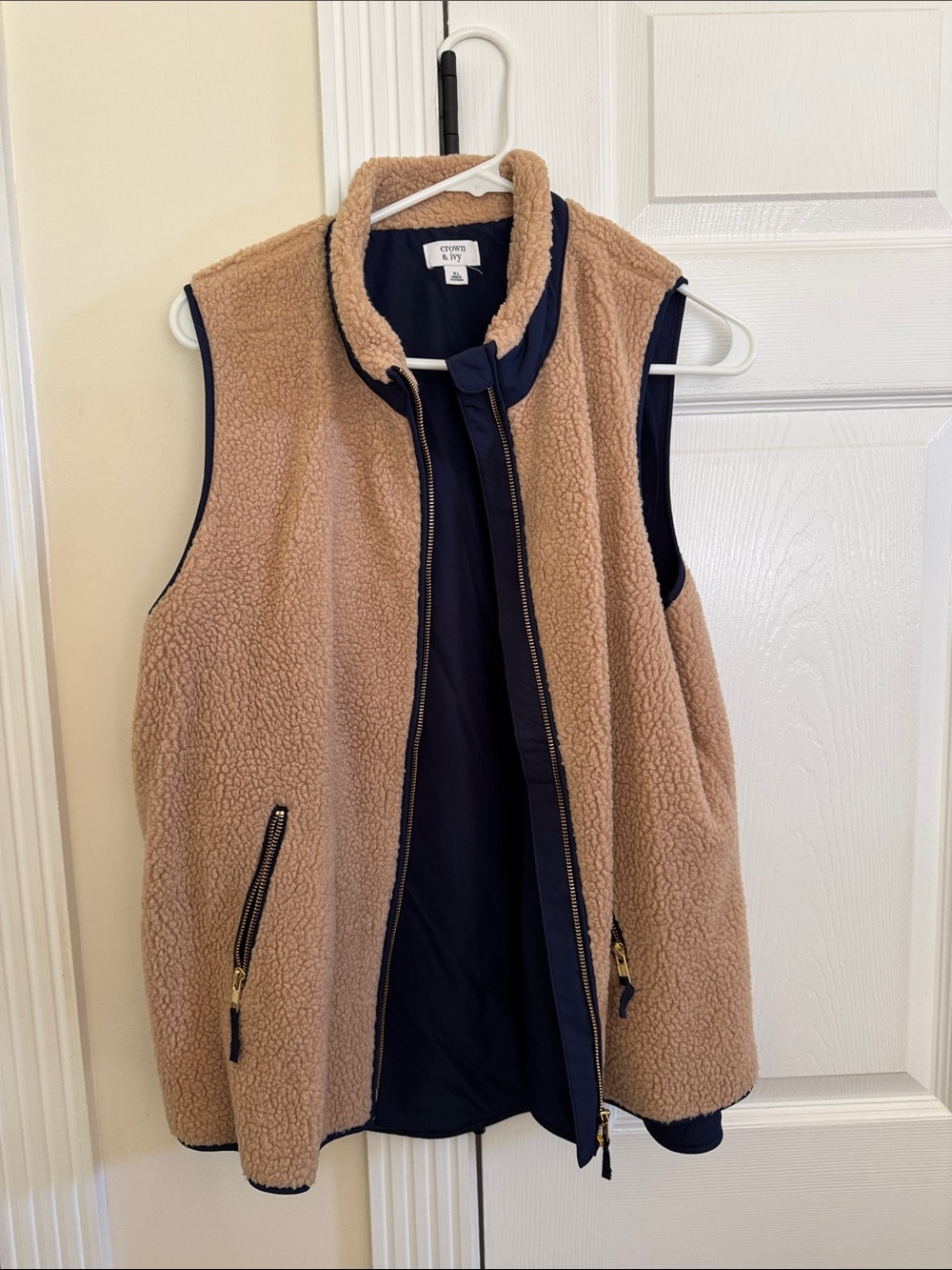 crown & ivy Tan Sherpa Vest with Navy Trim